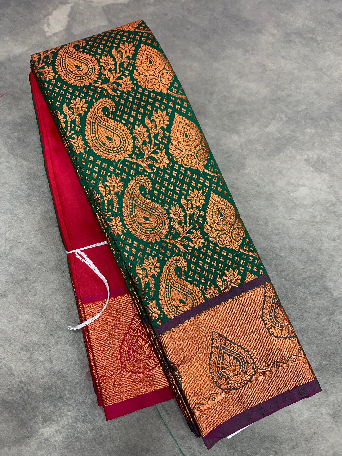 Vegan Silk Saree Green Colour with Magenta and Copper Border