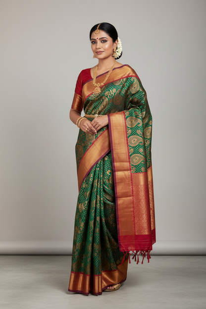 Vegan Silk Saree Green Colour with Magenta and Copper Border