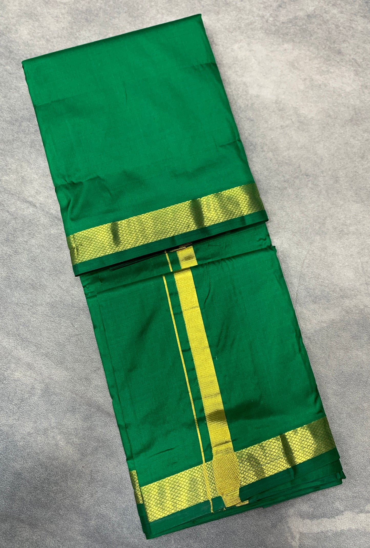 9X5 Pure Silk leaf Green Colour Dhoti with Golden Zari Border