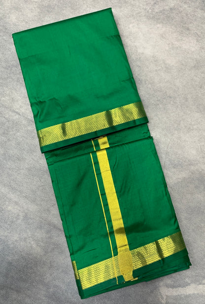 9X5 Pure Silk leaf Green Colour Dhoti with Golden Zari Border