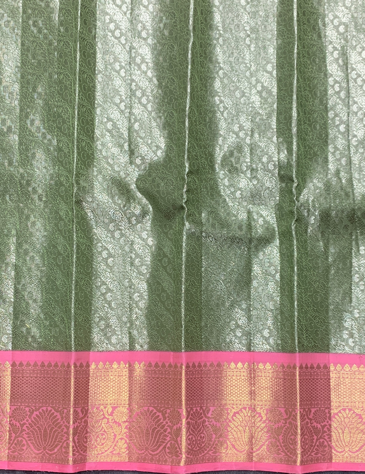 Pista Green Shade Pure Kanchipuram Kids Pattu Pavadai with Contrast Border for Newborn to 2 Years