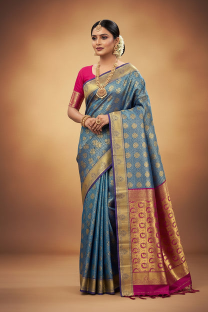 Vegan Silk Saree Blue Colour with Magenta and Copper Border
