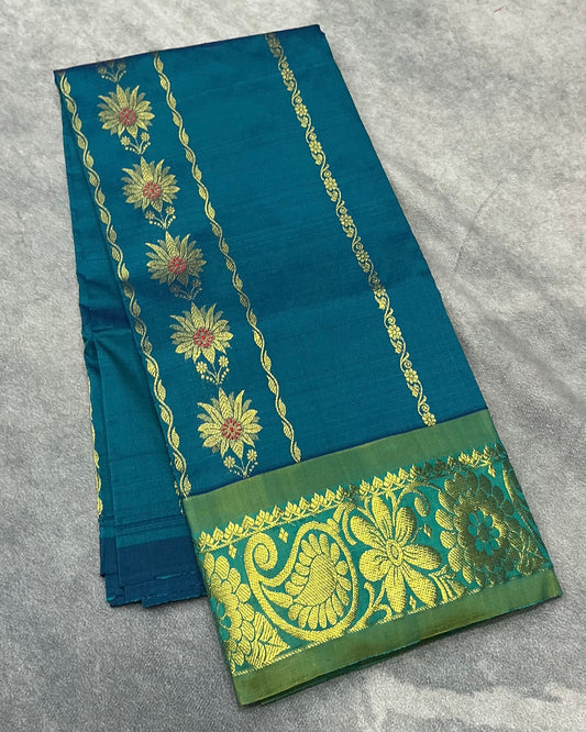Rama Green Shade Semi Silk Kids Pattu Pavadai with Contrast border for Age 2 to 5 Years
