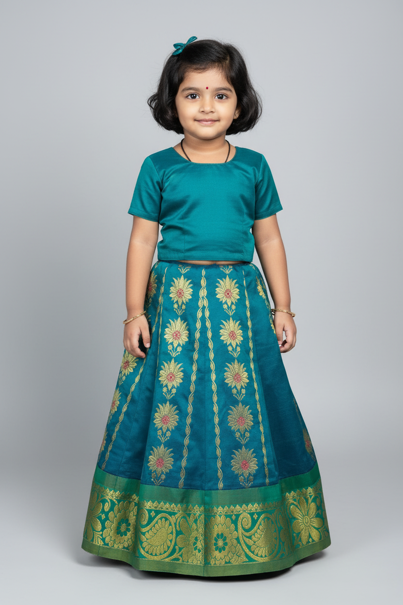 Rama Green Shade Semi Silk Kids Pattu Pavadai with Contrast border for Age 2 to 5 Years