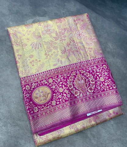 Sliver Pink Shade Soft Kanchi Tissue Pattu Saree with Pink border