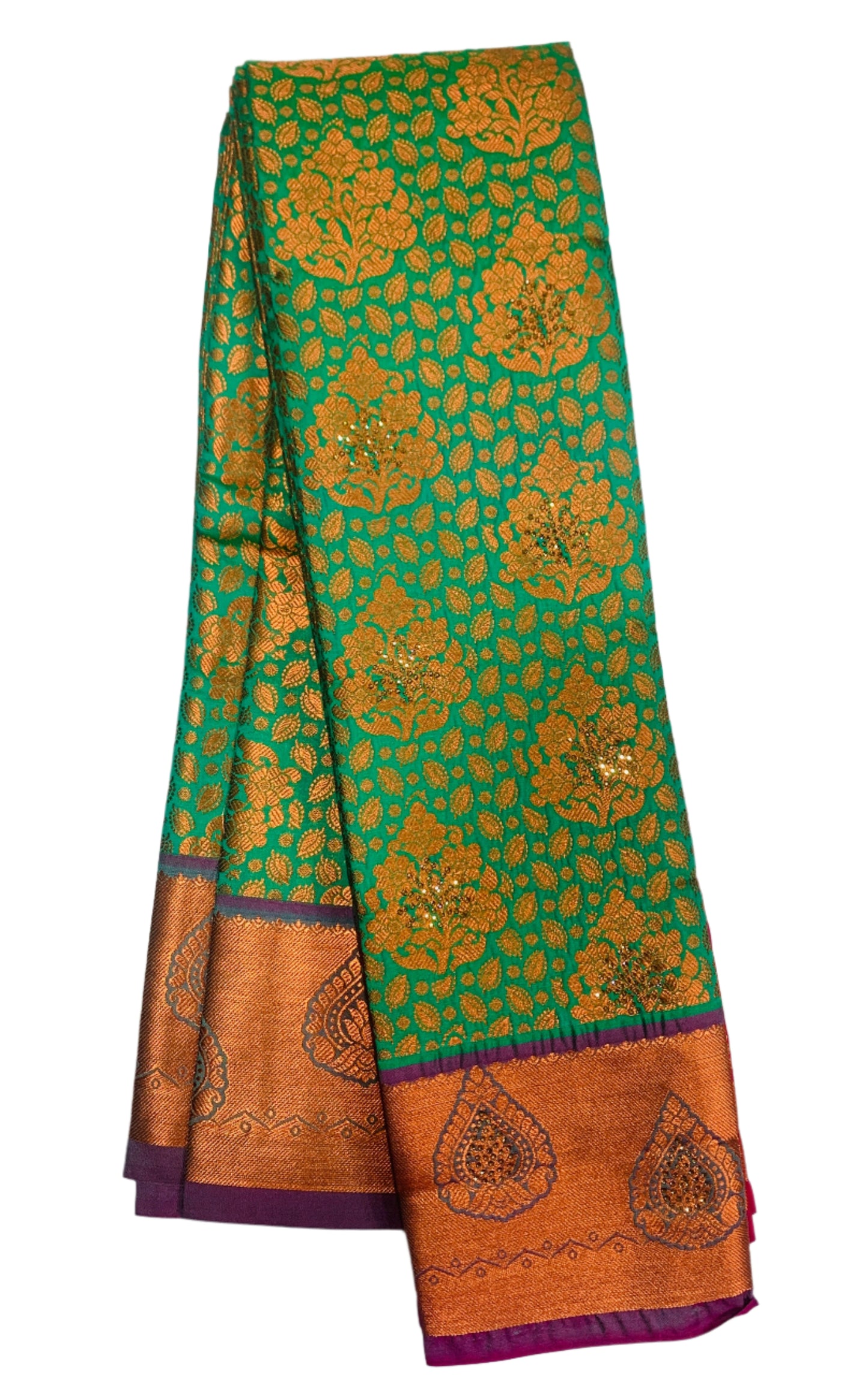 Vegan Silk Saree Light Green Colour with Copper and Purple Border