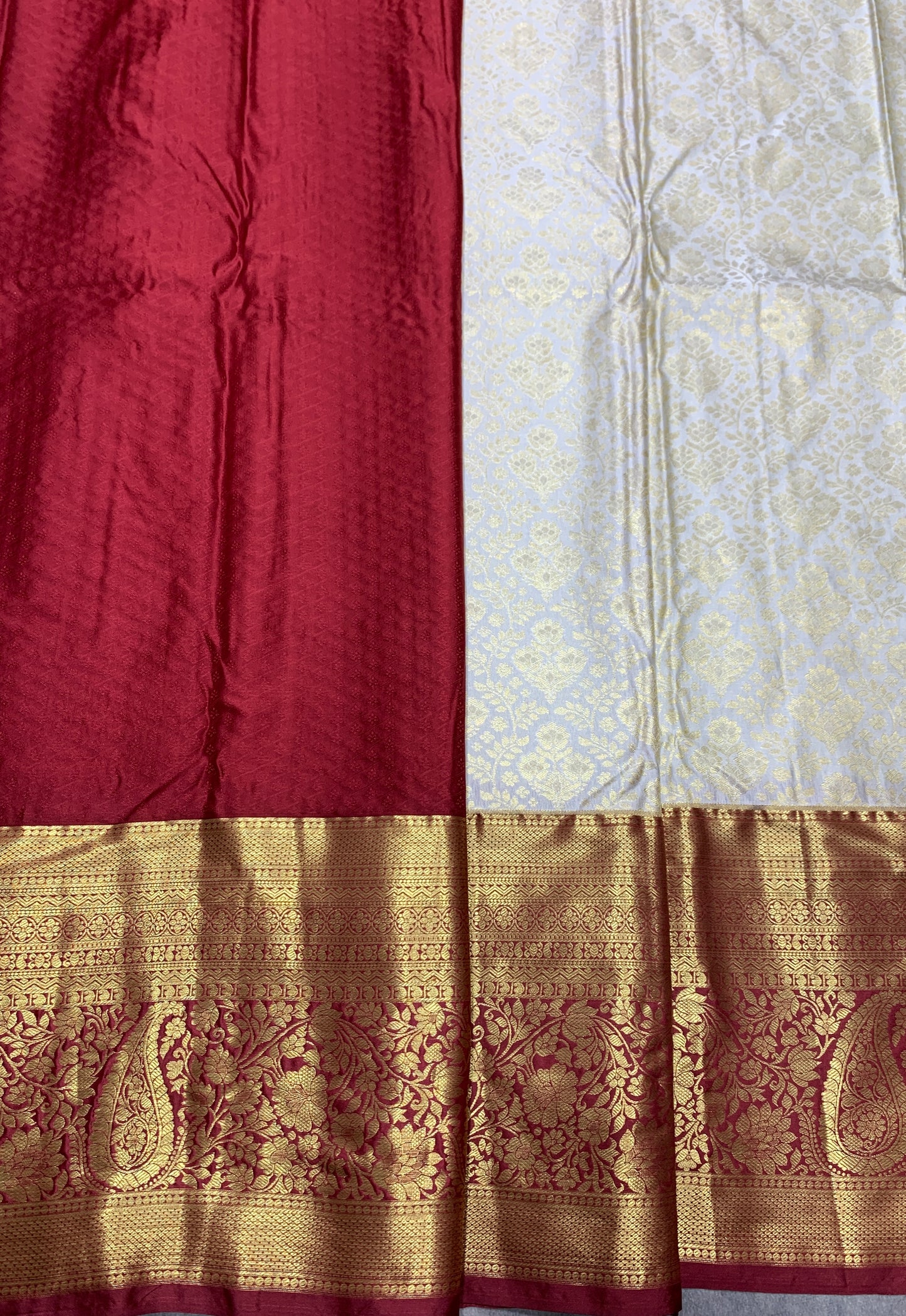 Ivory Colour Soft Kanchi Tissue Pattu Saree with Maroon border