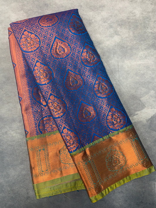 Vegan Silk Saree Blue Colour with Copper and Light Green Border