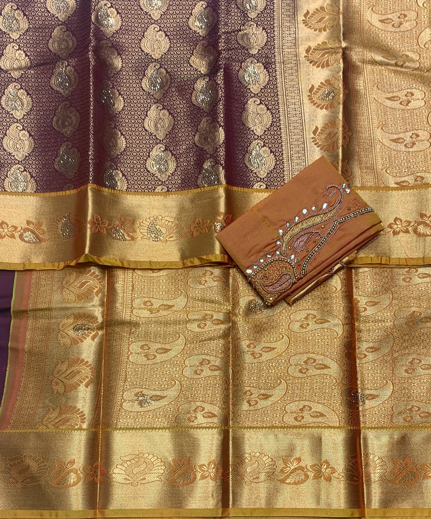 Bridal Vegan Silk Saree Brown shade with Golden Yellow Border with Unstitched blouse in Aari Work