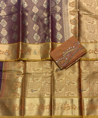 Bridal Vegan Silk Saree Brown shade with Golden Yellow Border with Unstitched blouse in Aari Work