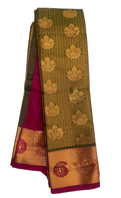 Vegan Silk Saree Olive Green Colour with Copper and Pink Border