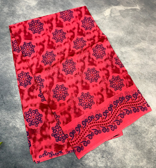 Chettinad Sungudi Cotton Tomato Pink Colour with Self Colour Border Design