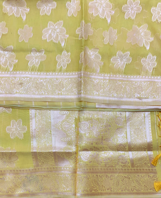 Banaras Katan Saree Yellow Colour with Katan Work Border
