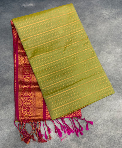 Soft Vegan Silk Saree Pista Green Colour with Pink and Copper Border