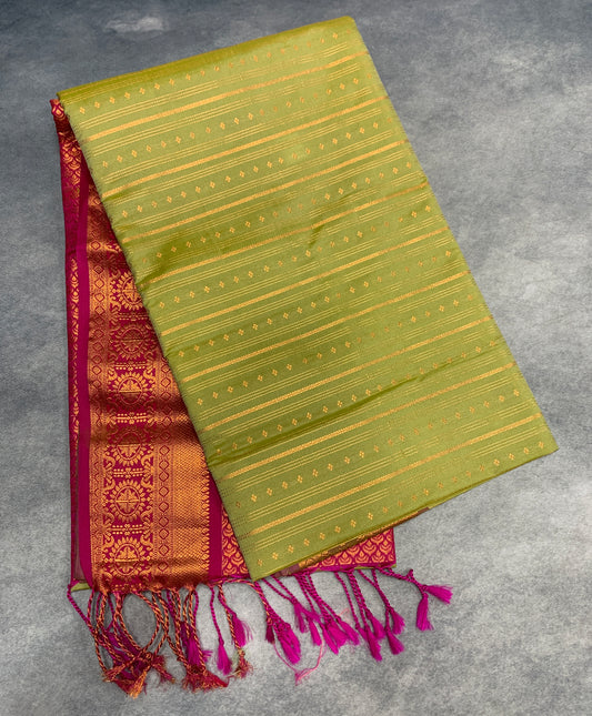 Soft Vegan Silk Saree Pista Green Colour with Pink and Copper Border