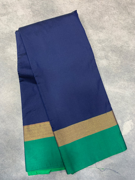 Arani Silk Saree Navy Blue Colour with Green and Golden Zari Border
