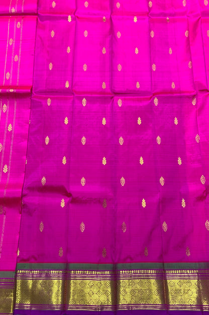Pure Kanchipuram Silk Saree Pink Colour with Purple and Gold Zari Border