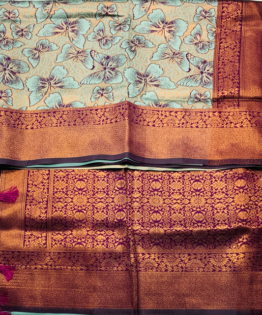 Art Silk Saree Aquamarine Blue Colour with Butterfly Design