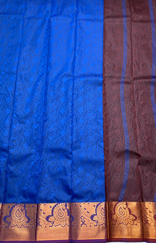 Synthetic Cotton Saree Blue Shade with Copper and Mango Design Border