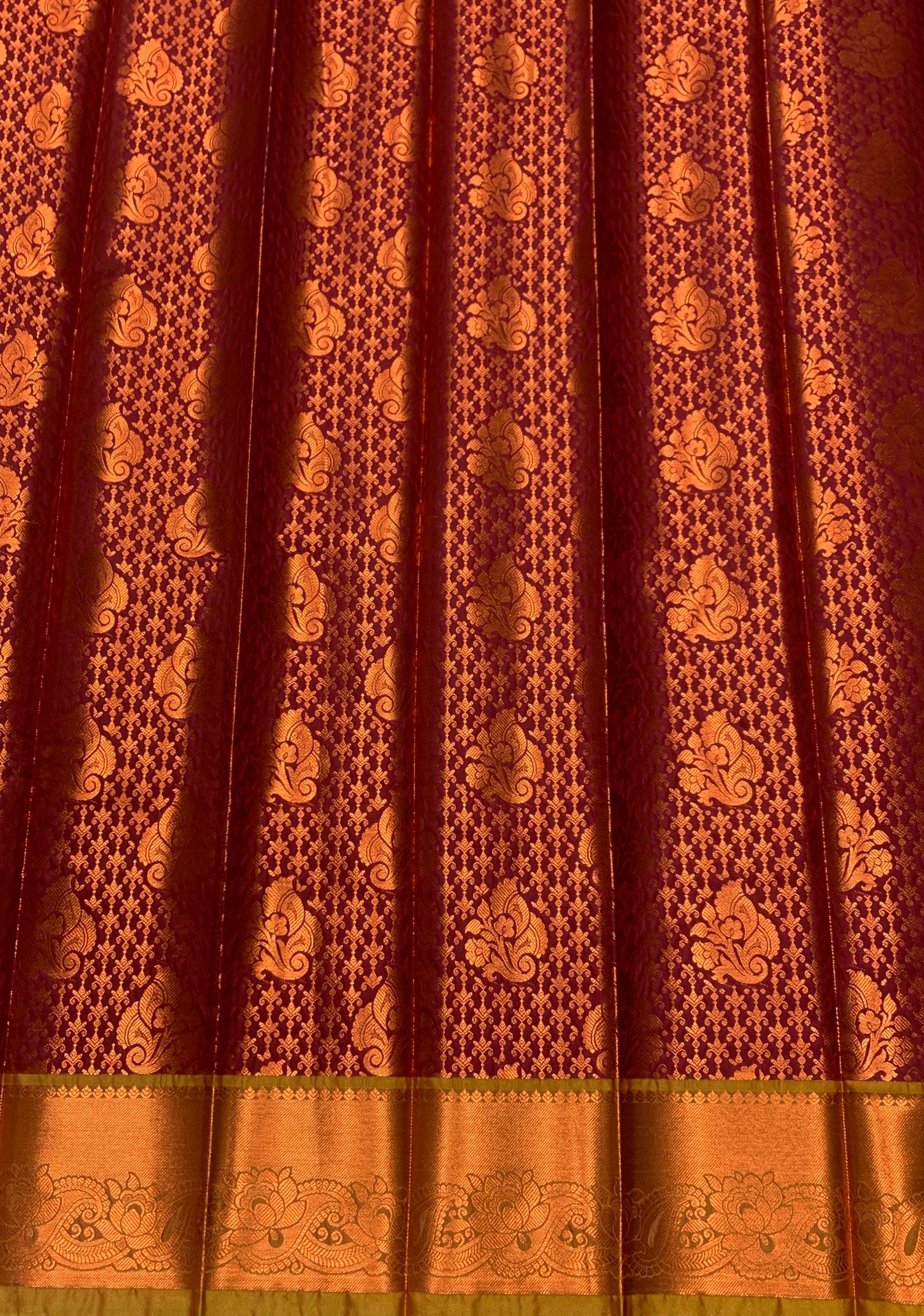 Vegan Silk Saree Maroon Colour with Golden Yellow and Copper Border