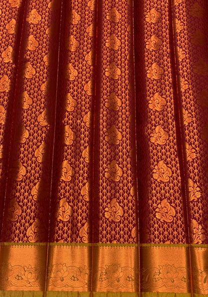 Vegan Silk Saree Maroon Colour with Golden Yellow and Copper Border