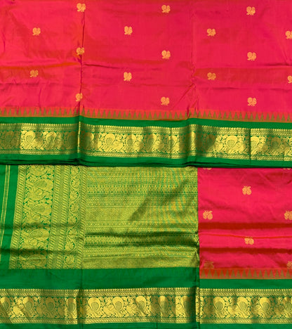 9 yards Pure Kanchipuram Silk Saree Reddish Pink Colour with Green Border