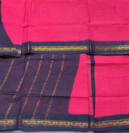 Chettinad Cotton Saree Pink Colour with Navy Blue Colour Border