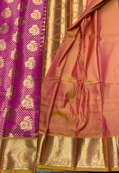 Vegan Silk Saree Pink Colour with Golden Yellow and Copper Border