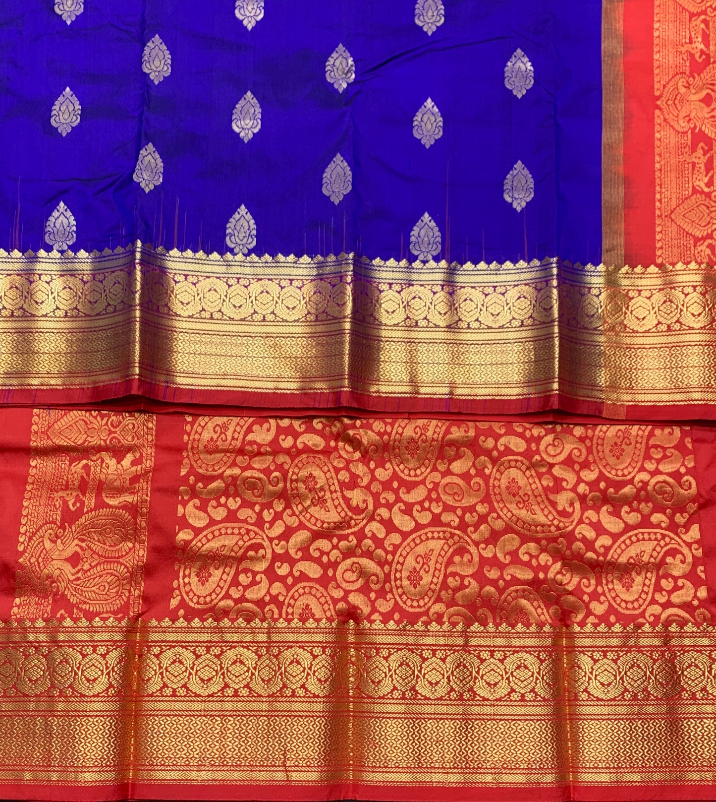 Pure Kanchipuram Silk Blue Colour with Red Colour Border