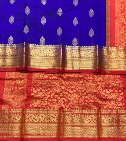 Pure Kanchipuram Silk Blue Colour with Red Colour Border