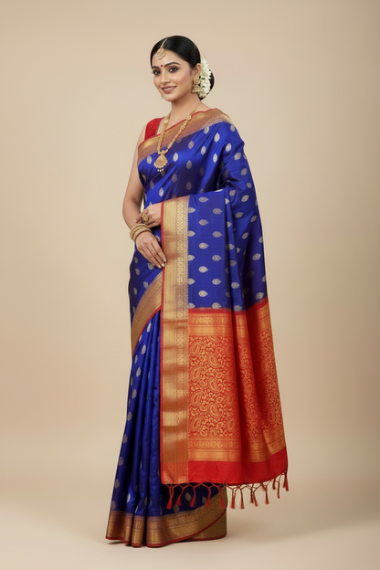 Pure Kanchipuram Silk Blue Colour with Red Colour Border