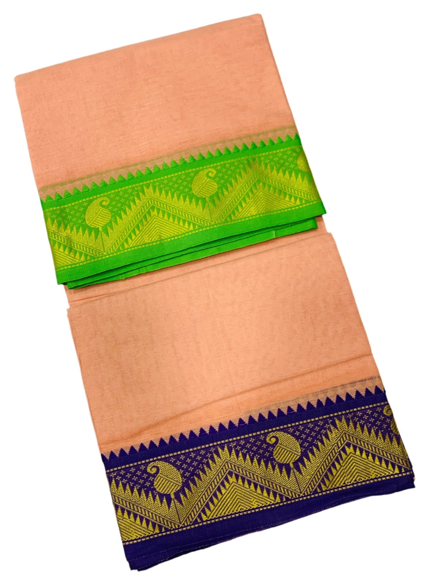 9X5 Cotton Dhoti Light Salmon Colour with Green and Blue Border