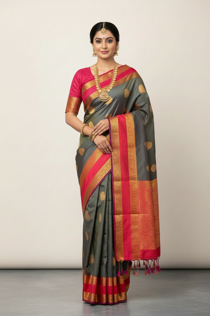 Soft Vegan Silk Saree Gray Colour with Rettai Pettu Border