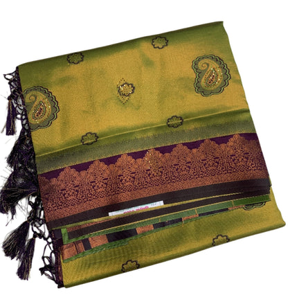 Art Silk Saree Olive Green Colour with Purple Border