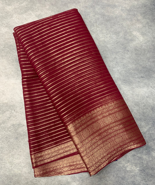 Georgette Saree Maroon Colour with Sliver Floral Design Border