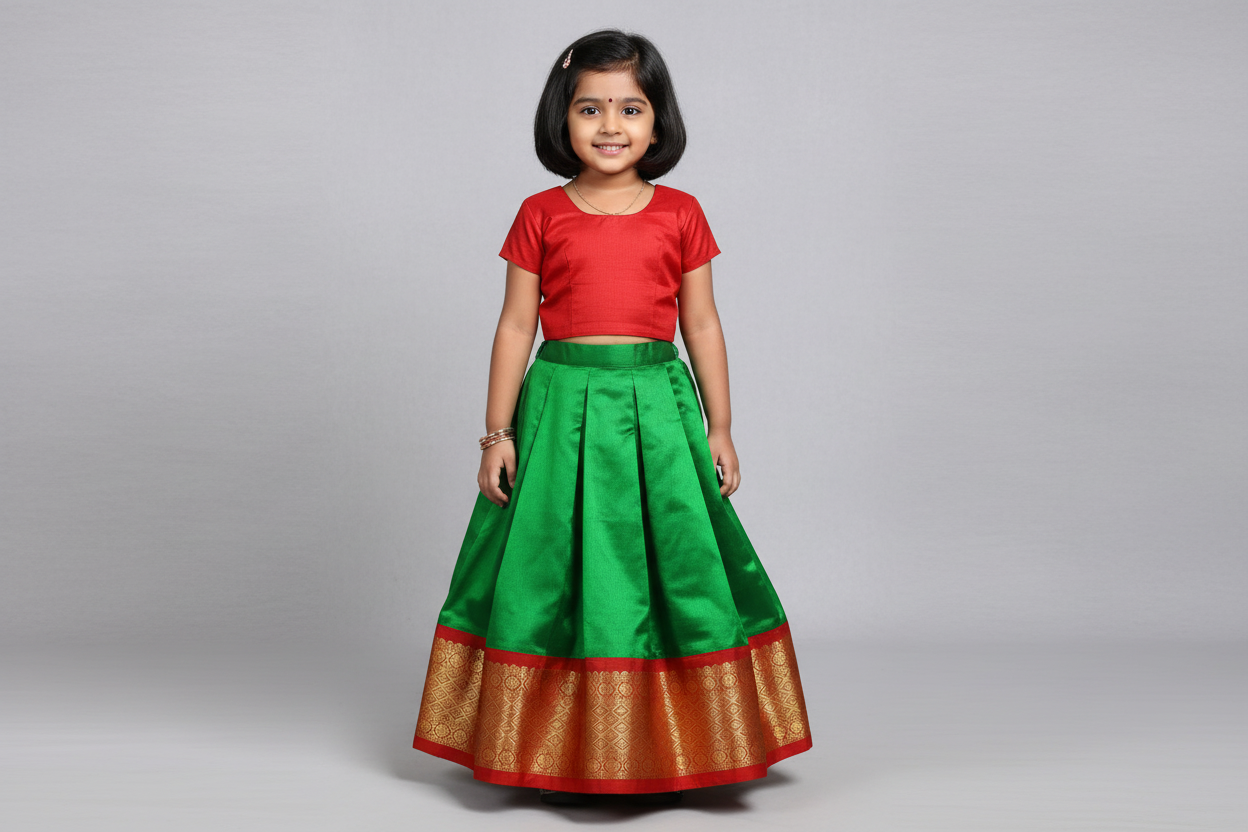 Light Green shade Pure Kanchipuram Kids Pattu Pavadai with Contrast Border for Newborn to 2 Years