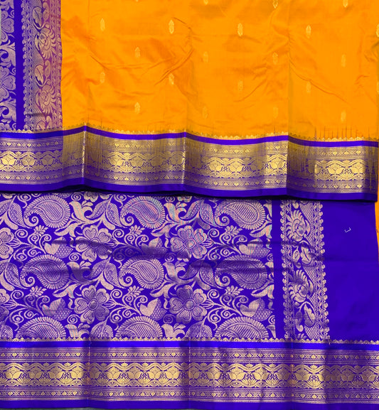 Pure Kanchipuram Silk Yellow Colour with Blue Border
