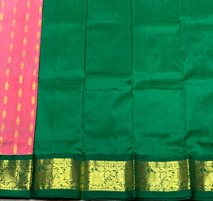 Rose Pink Shade Pure Kanchipuram Kids Pattu Pavadai with Contrast Border for Newborn to 2 Years