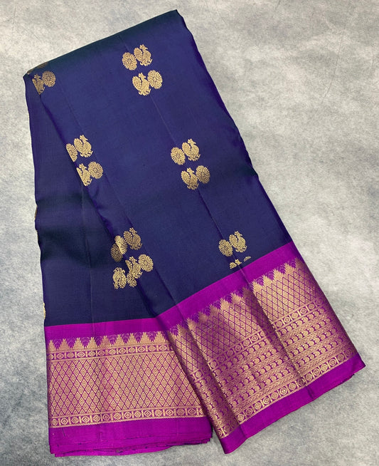 Pure Kanchipuram Silk Saree Navy Blue Colour with Purple Colour Border