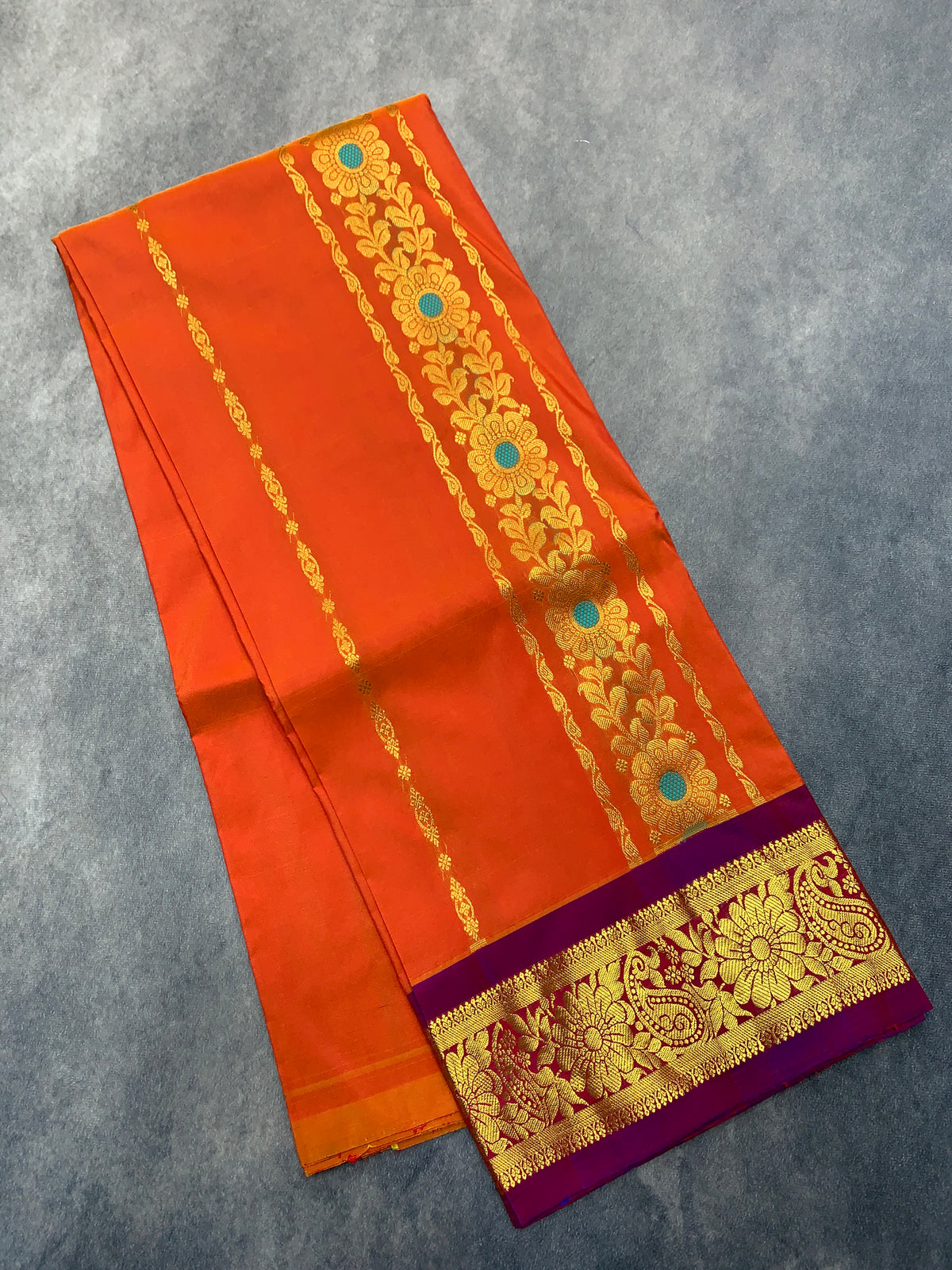 Orange shade Semi Silk Kids Pattu Pavadai with Contrast border for age above 10 years