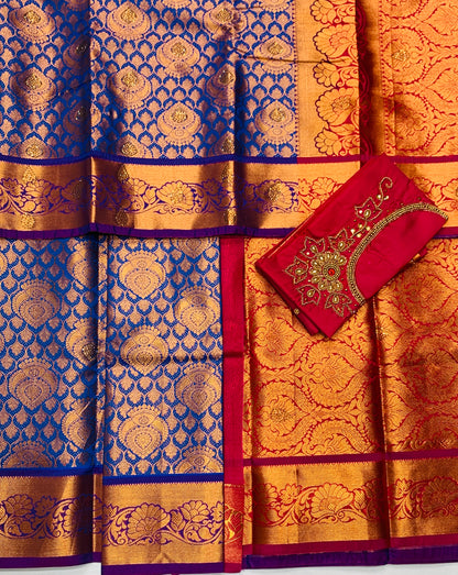 Bridal Vegan Silk Saree Blue shade with Purple Border with Unstitched blouse in Aari work