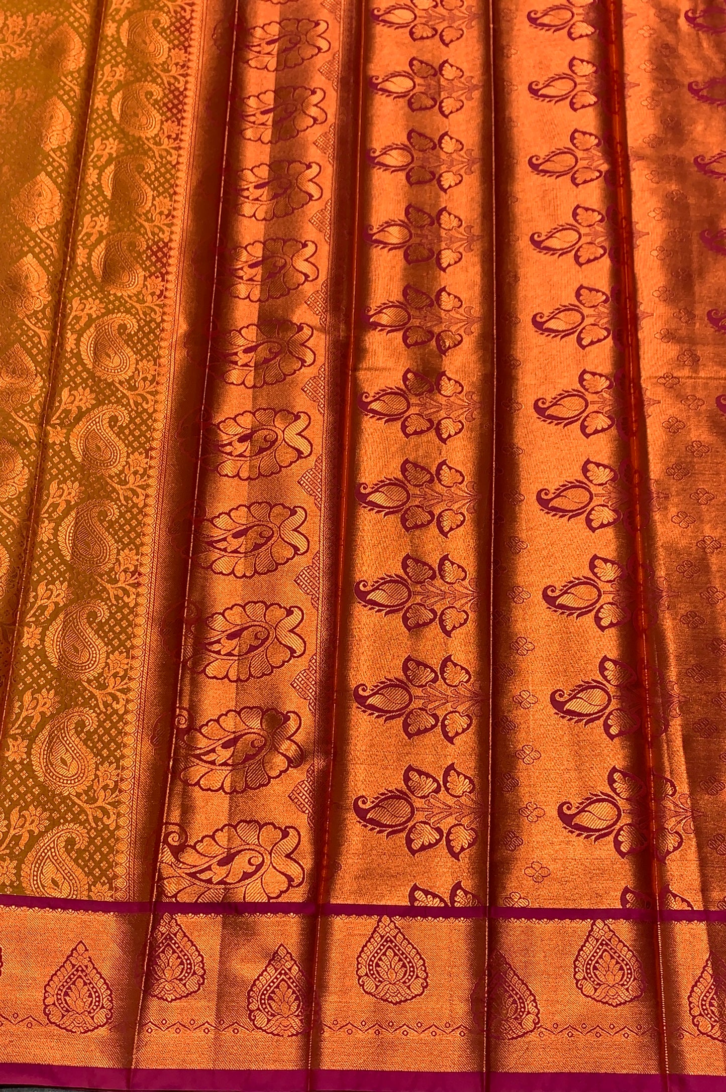 Vegan Silk Saree Golden Yellow Colour with Pink and Copper Border