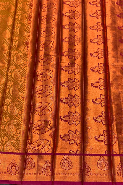 Vegan Silk Saree Golden Yellow Colour with Pink and Copper Border