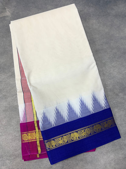9X5 Korvai Cotton Dhoti Half White Colour with Blue and Pink Border