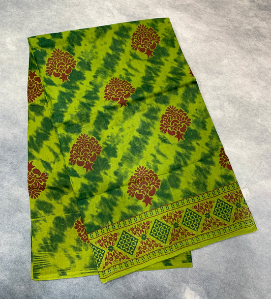 Chettinad Sungudi Cotton Olive Green Colour with Floral Design Border