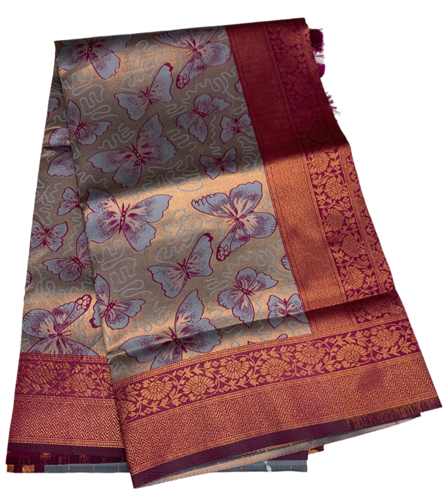 Art Silk Saree Gray Colour with Butterfly Design