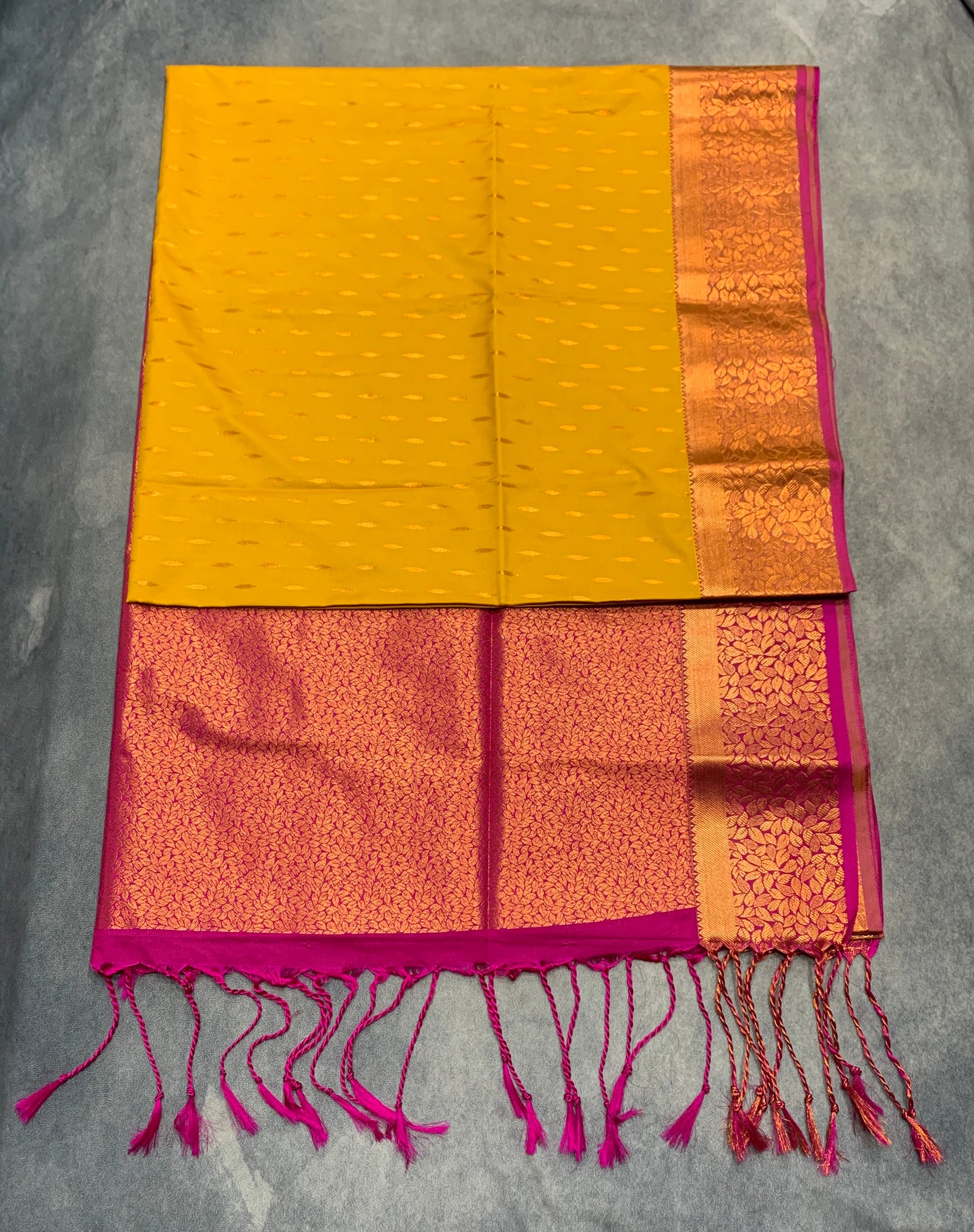 Soft Vegan Silk Saree Yellow Colour with Pink and Copper Border