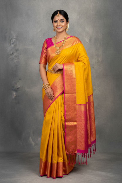 Soft Vegan Silk Saree Yellow Colour with Pink and Copper Border