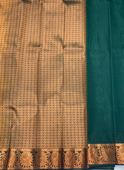 Vegan Silk Saree Apple Green Colour with Copper and Green Border