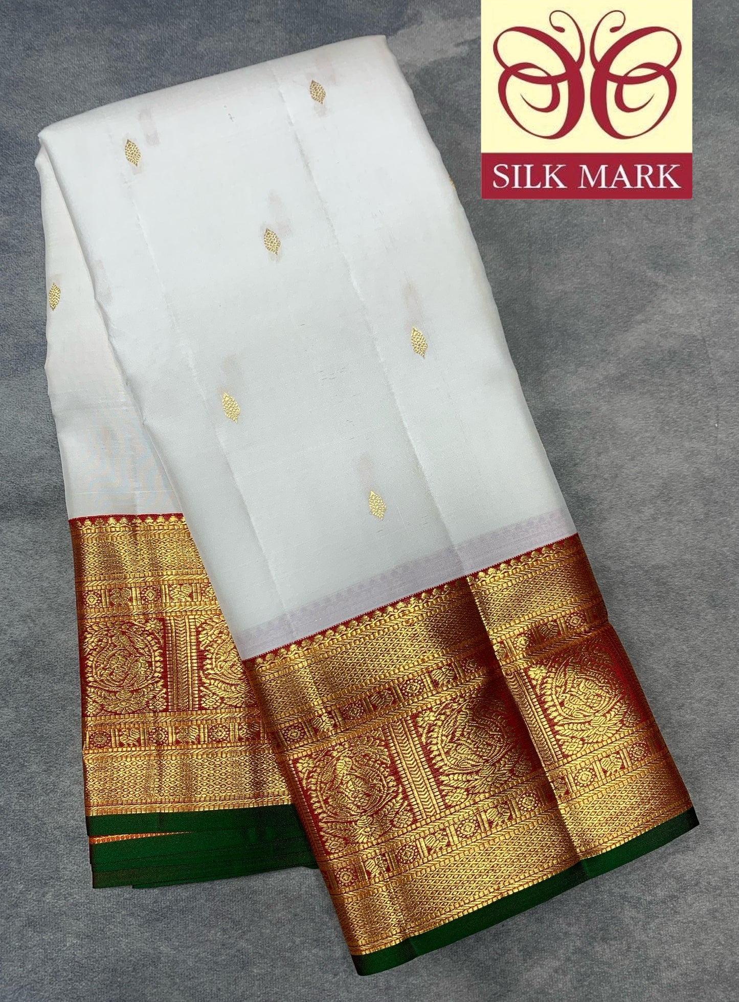 Pure Kanchipuram Silk Off White Colour with Red and Golden Zari Border
